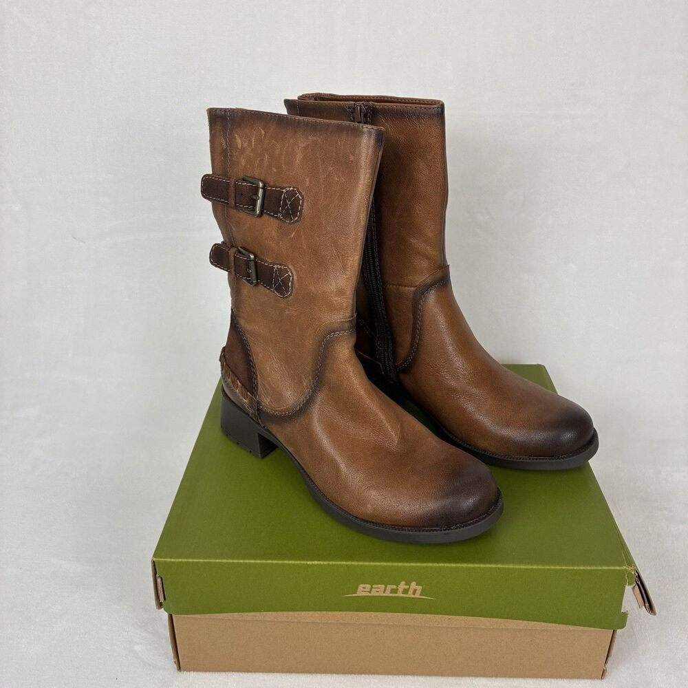 Earth Hemlock Boots - Women’s Size 8 - Almond Tumbled Brown Leather Mid-calf